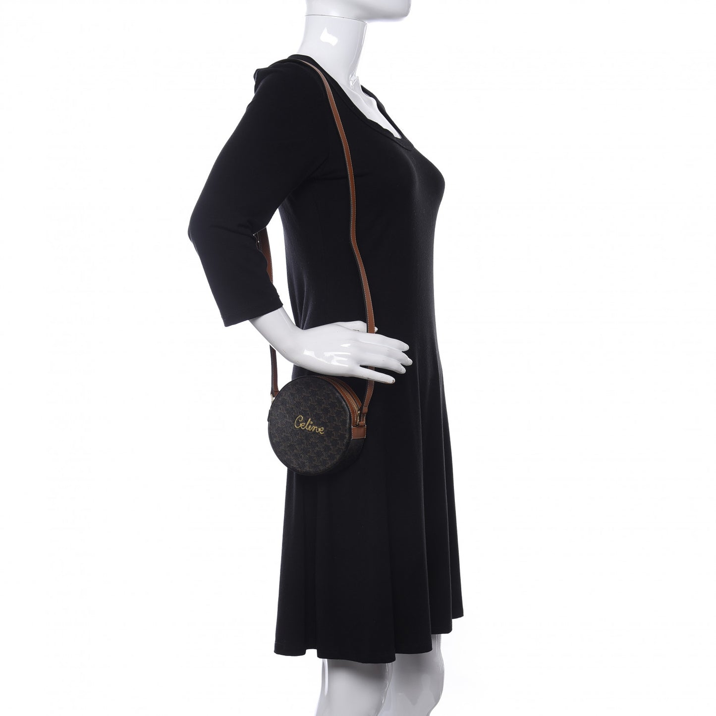 Triomphe Canvas Embroidered Logo Round Purse On Strap Black Tan