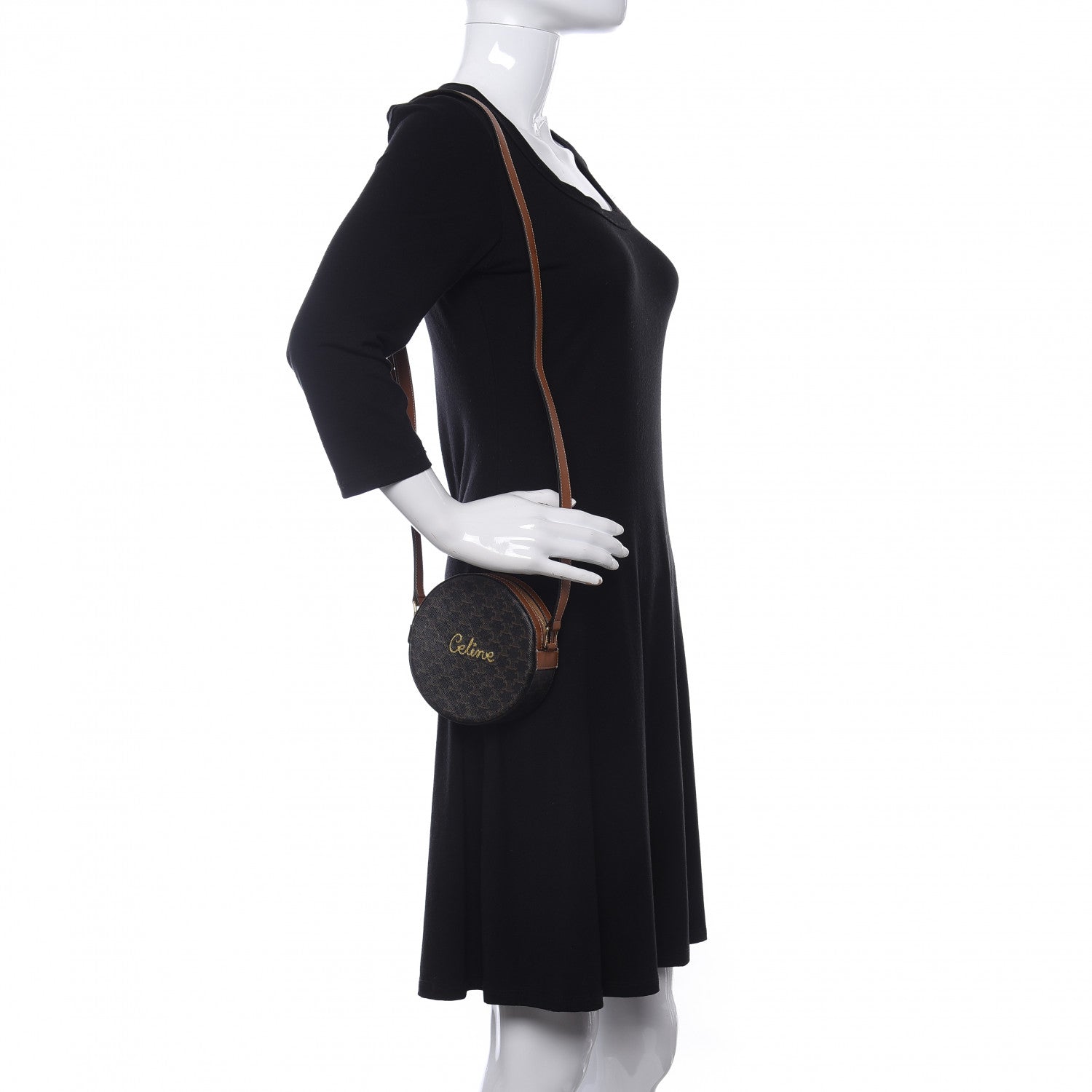 Celine Triomphe Canvas Embroidered Logo Round Purse On Strap Black Tan 2 of 9