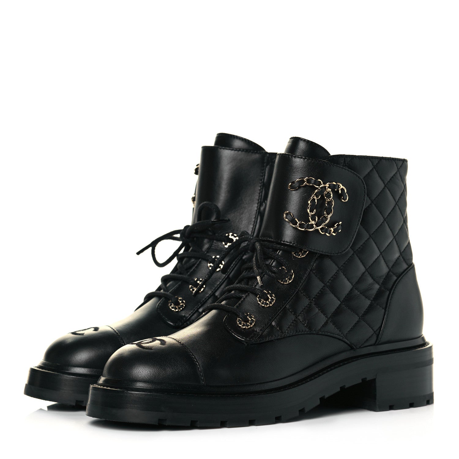 Chanel Shiny Lambskin Quilted Lace Up Combat Boots 39 Black 3 of 8