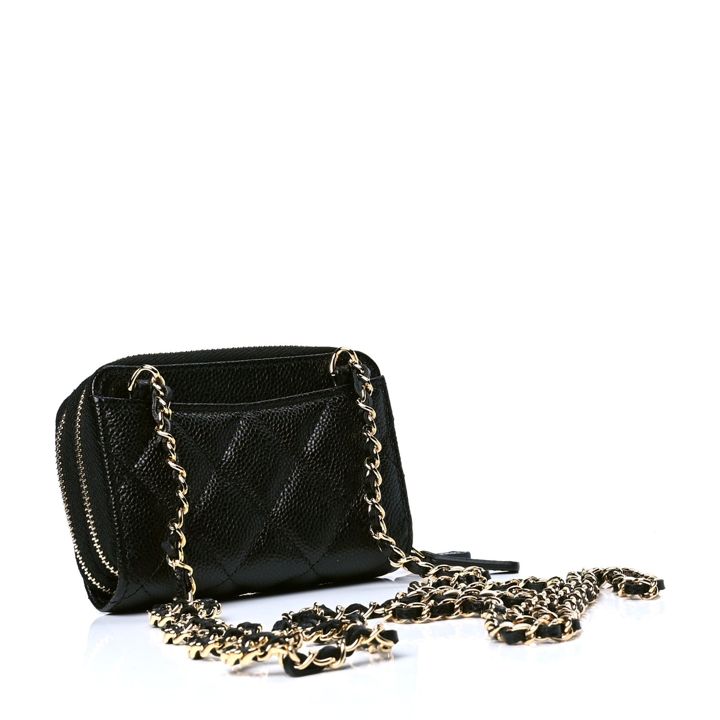 Caviar Quilted Miss Coco Zip Card Holder On Chain Black