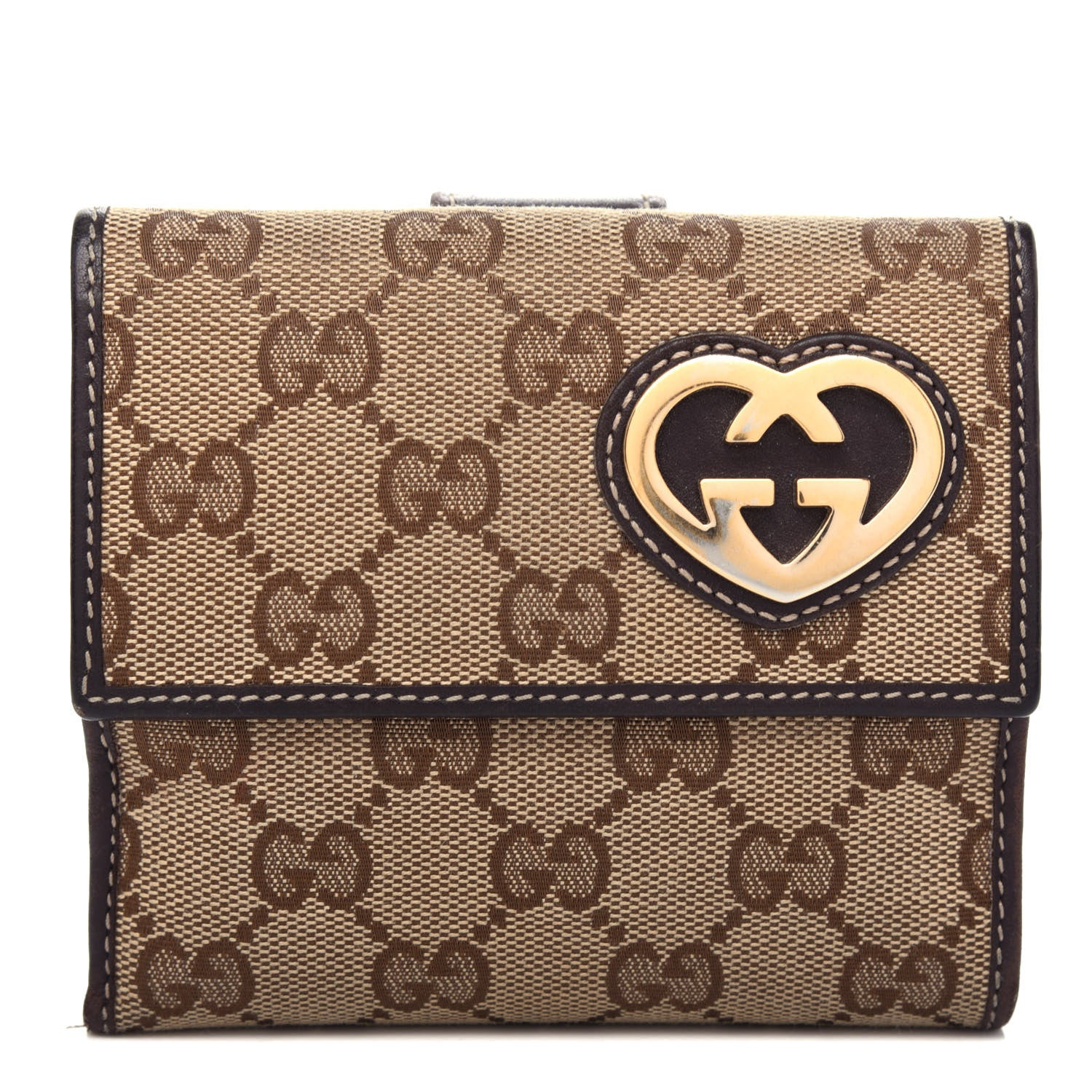 Gucci Monogram Lovely Heart French Flap Wallet Dark Brown 1 of 10