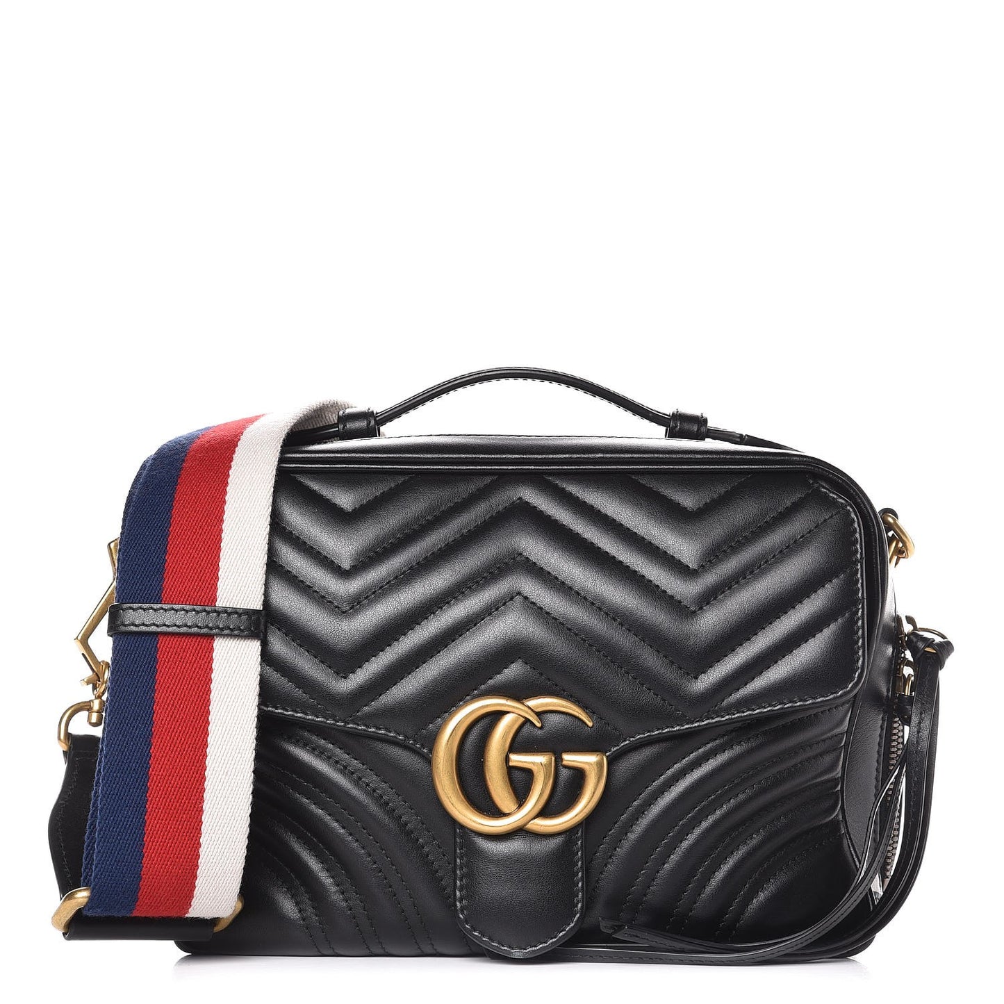 Calfskin Matelasse Sylvie Web Small GG Marmont Top Handle Shoulder Bag Black