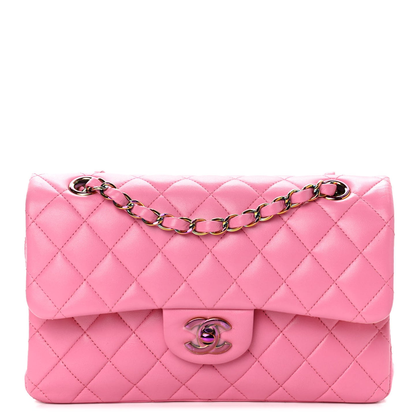 Lambskin Quilted Small Double Flap Pink Yellow