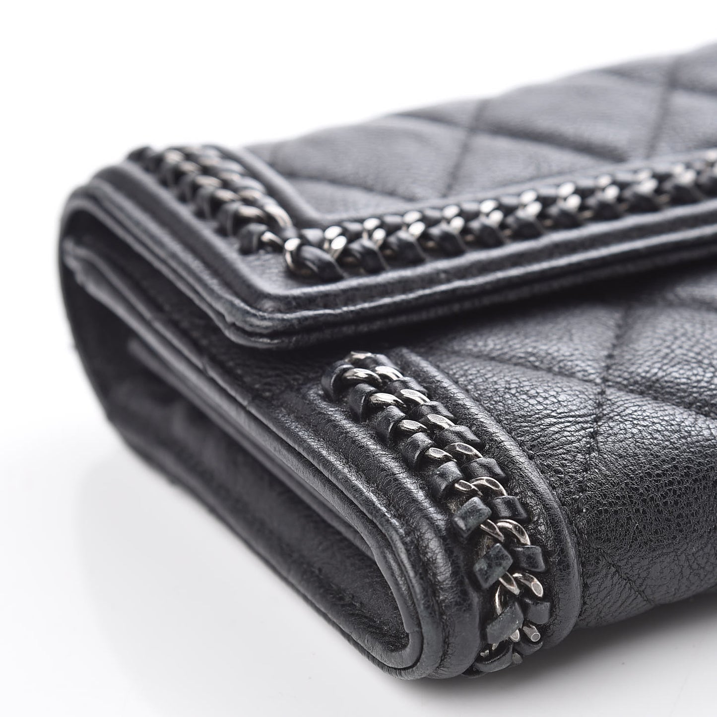 Calfskin Quilted Boy Chain Around Flap Wallet Black