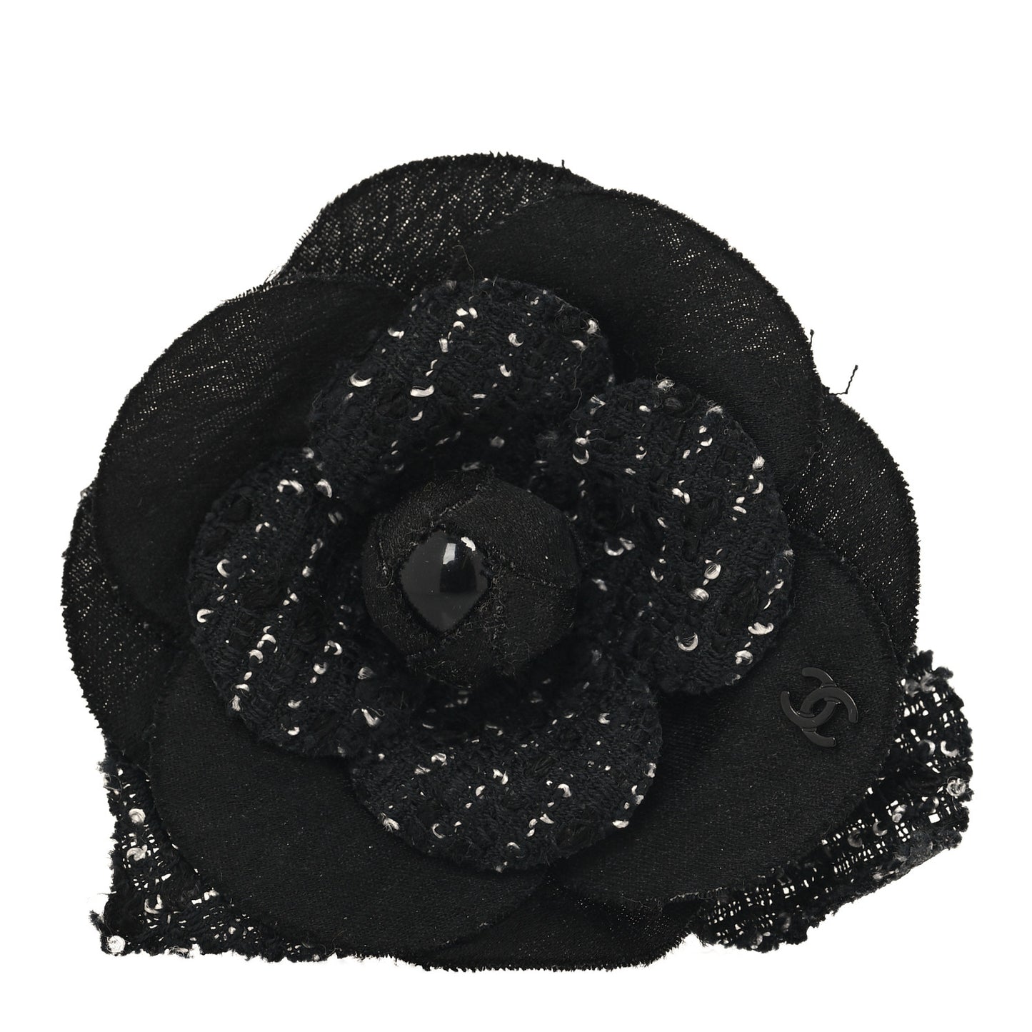 Tweed Fabric Camellia Pin Brooch Black