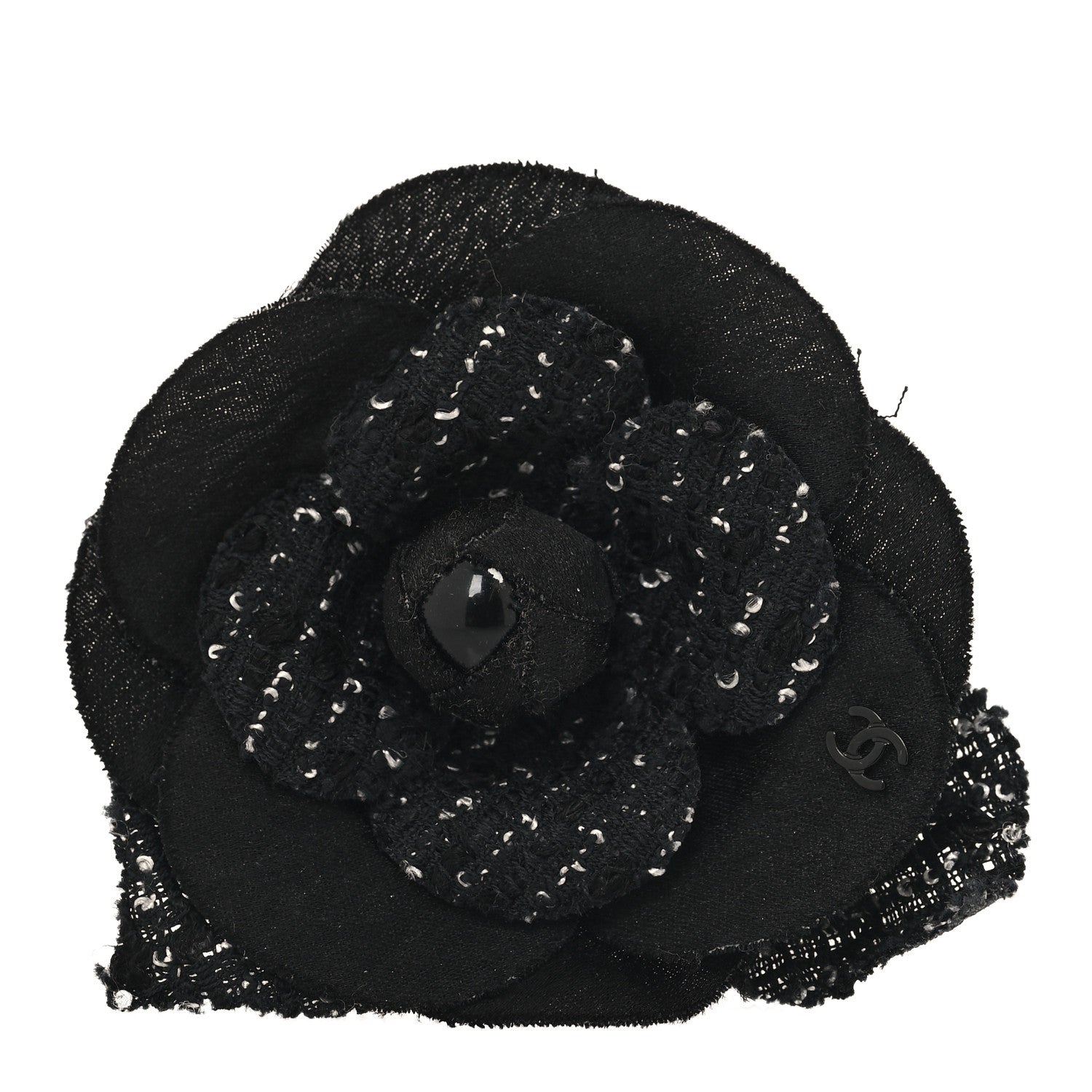 Chanel Tweed Fabric Camellia Pin Brooch Black 1 of 3