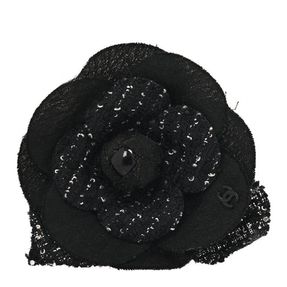 Chanel Tweed Fabric Camellia Pin Brooch Black 1 of 3