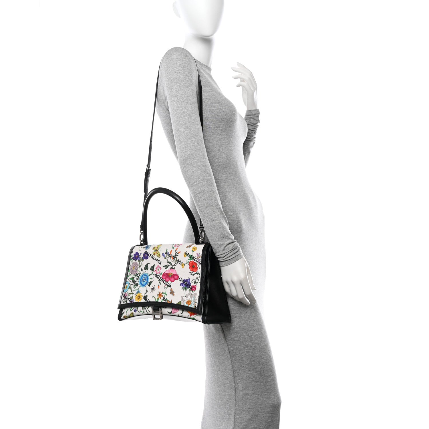 Balenciaga X GUCCI Canvas Boarded Pluton Calfskin Flora Logo Print Medium Hourglass Top Handle Bag White Multicolor Black 2 of 11