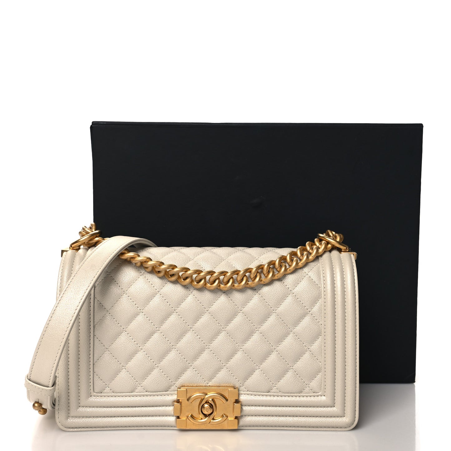 Iridescent Caviar Quilted Medium Boy Flap White