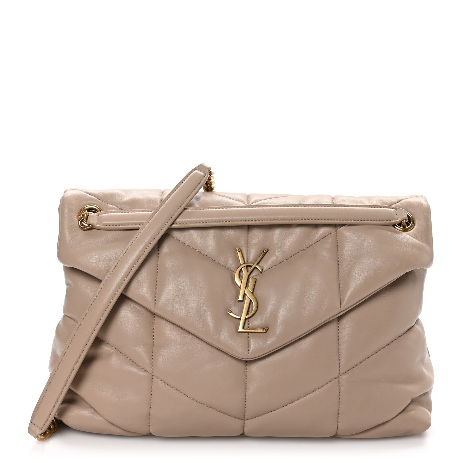 Saint Laurent Lambskin Quilted Medium Loulou Puffer Monogram Chain Satchel Dark Beige 1 of 10