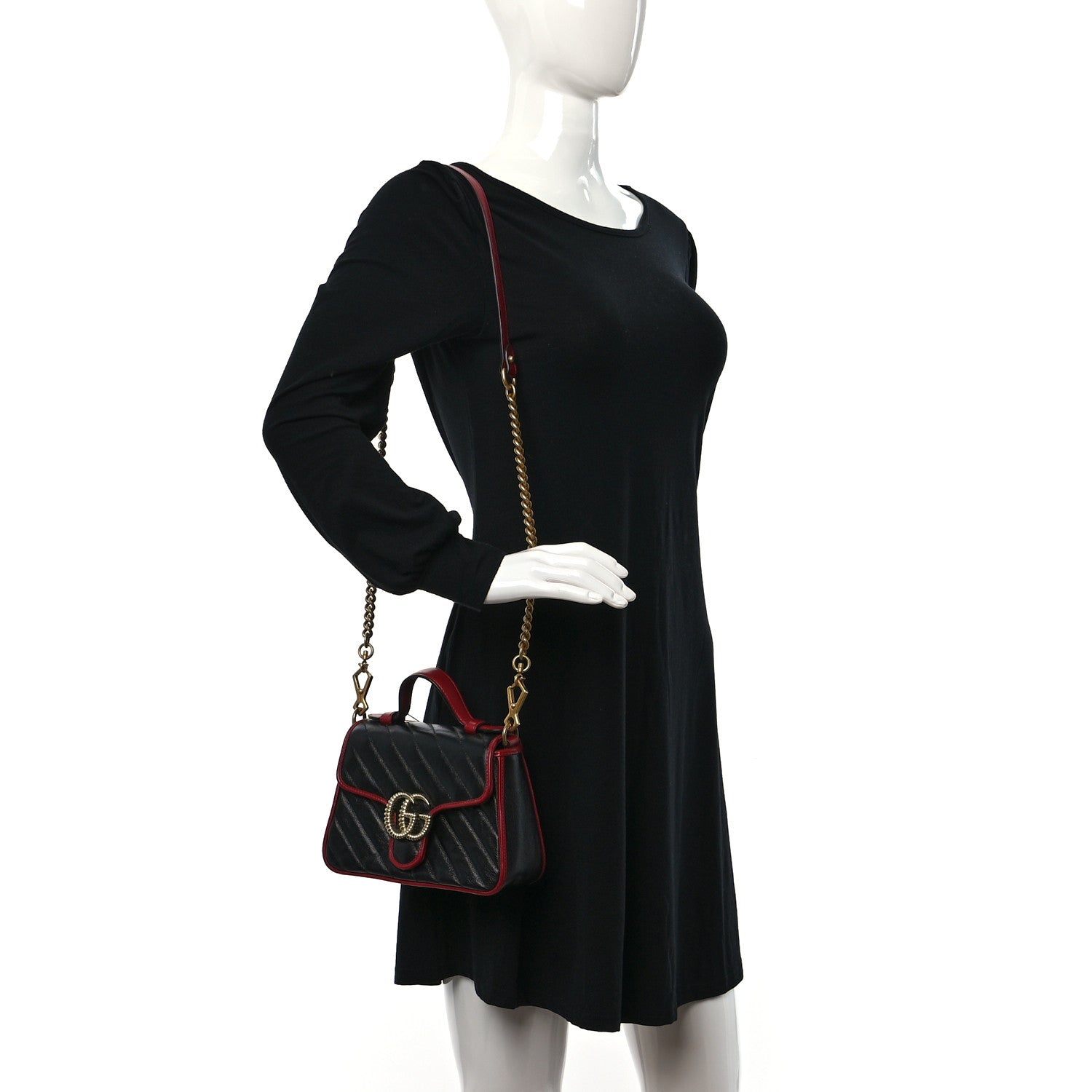 Gucci Vintage Effect Calfskin Matelasse Diagonal Mini Torchon GG Marmont Top Handle Shoulder Bag Black Romantic Cherry 2 of 9