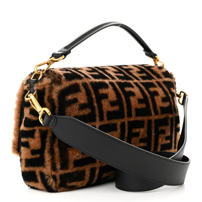 Fendi Shearling Vitello Dolce Macro FF 1974 Large Baguette Tobacco Black 3 of 10
