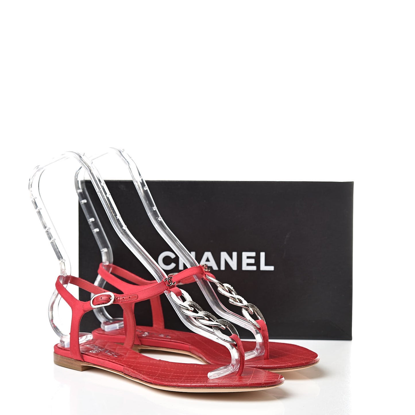 Grosgrain Lambskin Chain CC Thong Sandals 39.5 Rouge