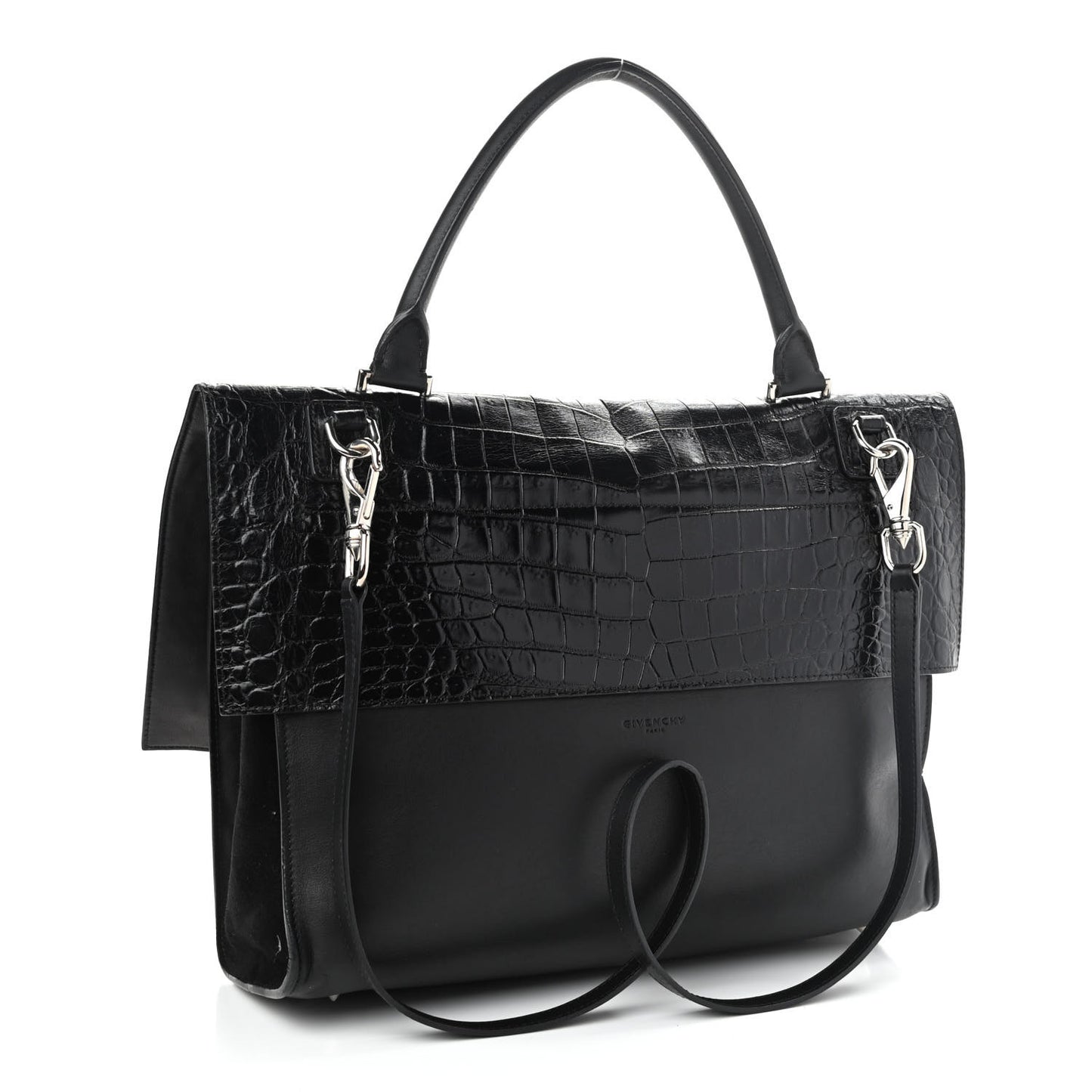 Calfskin Crocodile Embossed Medium Shark Lock Satchel Black