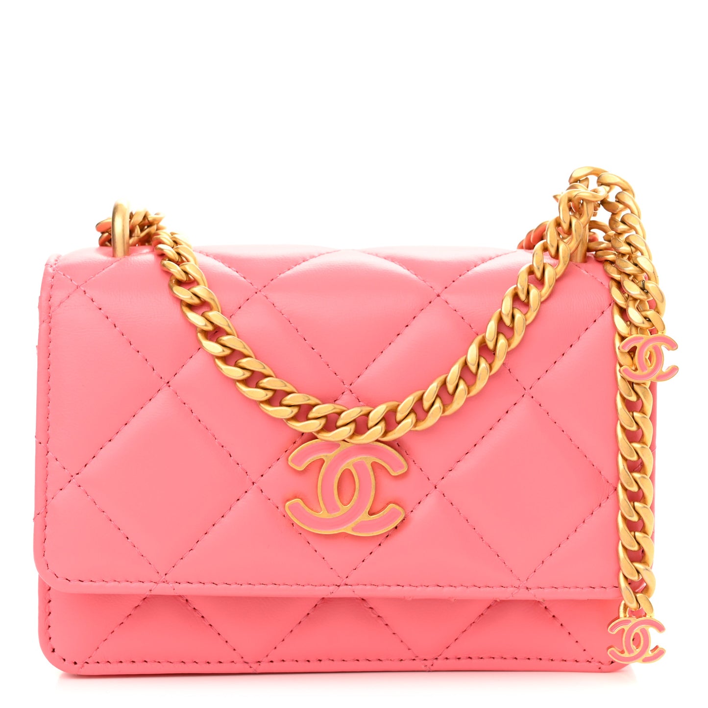 Lambskin Enamel Quilted Pending CC Clutch With Chain Pink