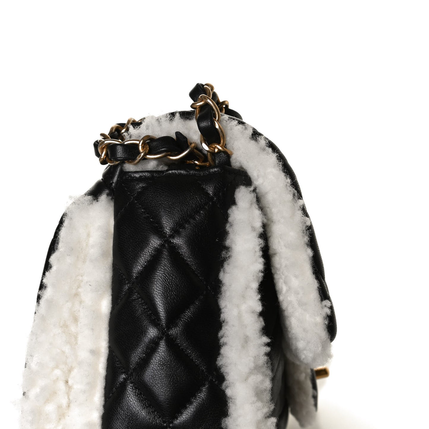 Lambskin Shearling Large CC Flap Bag Black White