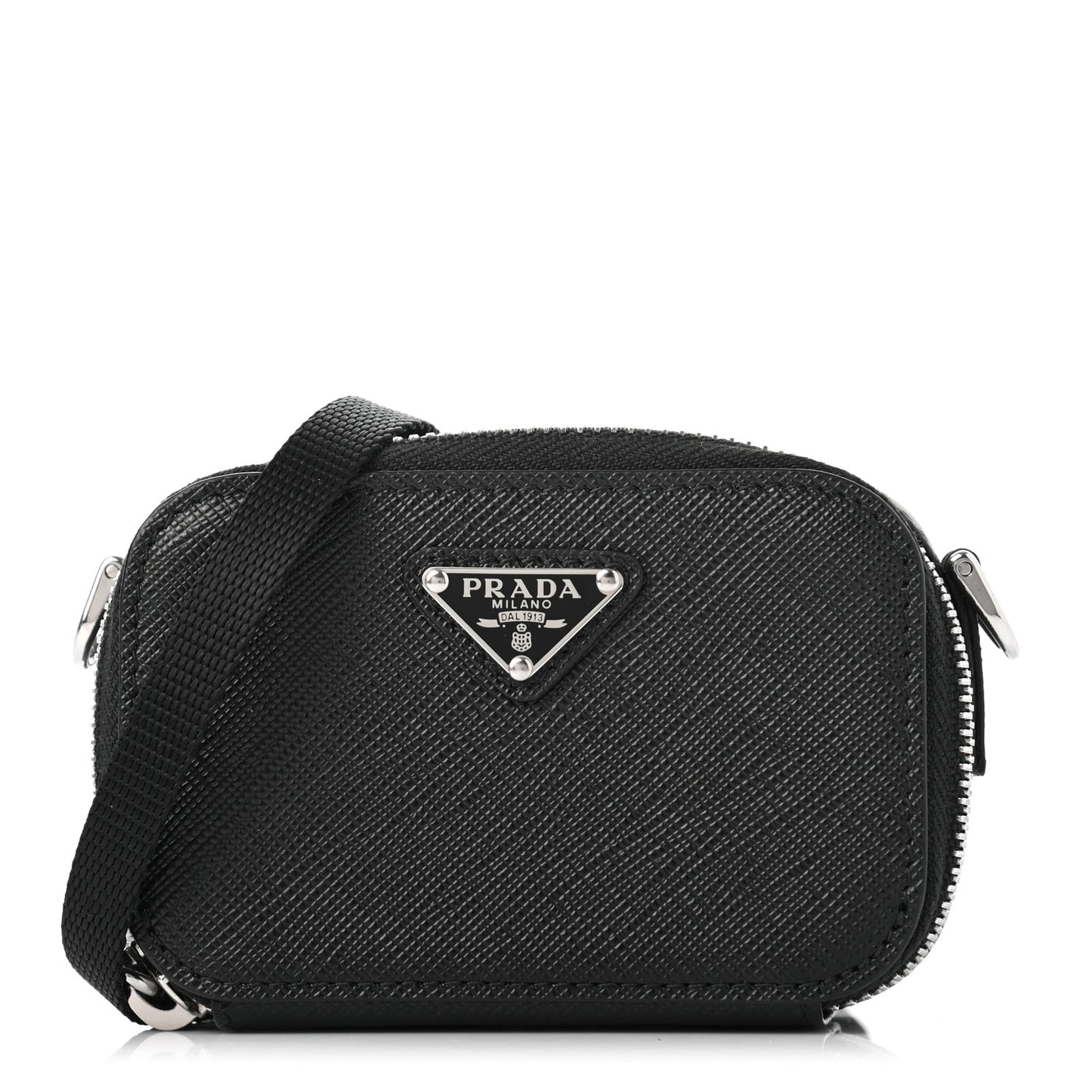 Saffiano Travel Metal Triangle Logo Mini Pouch Shoulder Bag Black