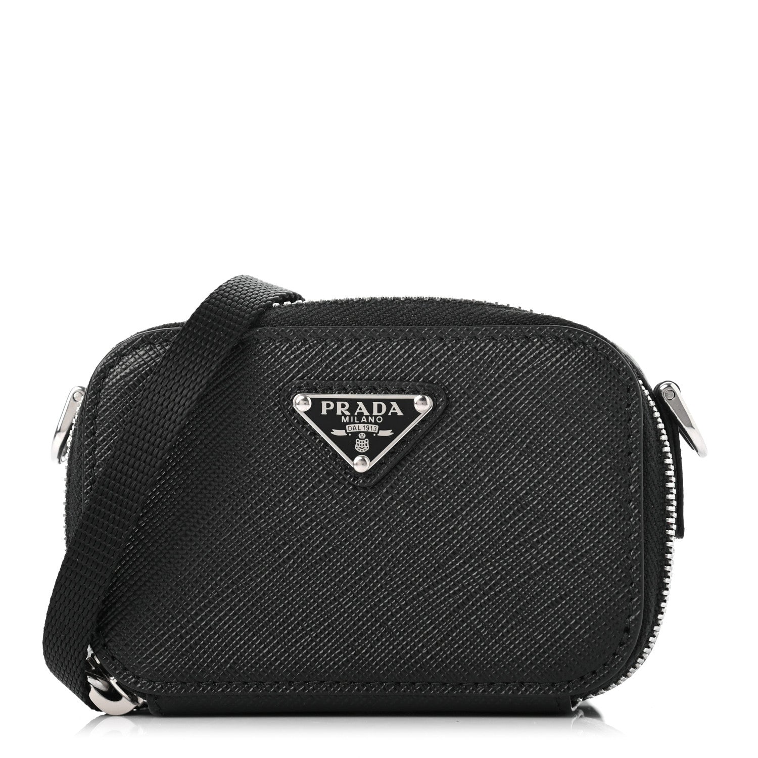 Prada Saffiano Travel Metal Triangle Logo Mini Pouch Shoulder Bag Black 1 of 6