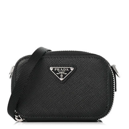 Prada Saffiano Travel Metal Triangle Logo Mini Pouch Shoulder Bag Black 1 of 6