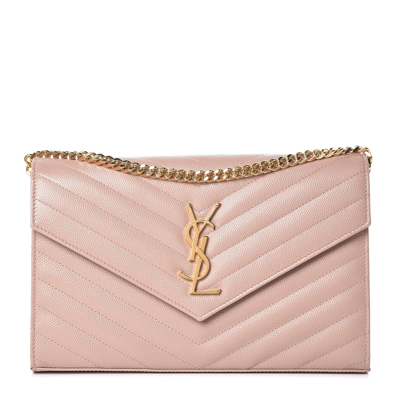 Saint Laurent Grain De Poudre Matelasse Chevron Monogram Chain Wallet Pale Pink 1 of 6