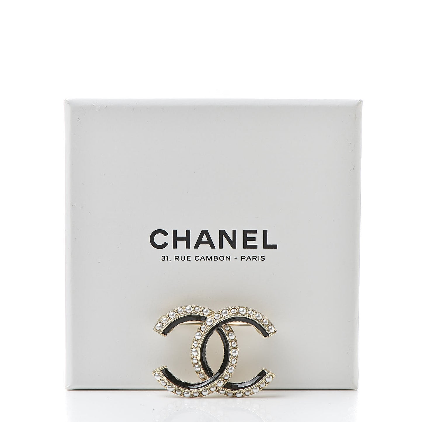 Pearl Enamel CC Brooch Black Gold
