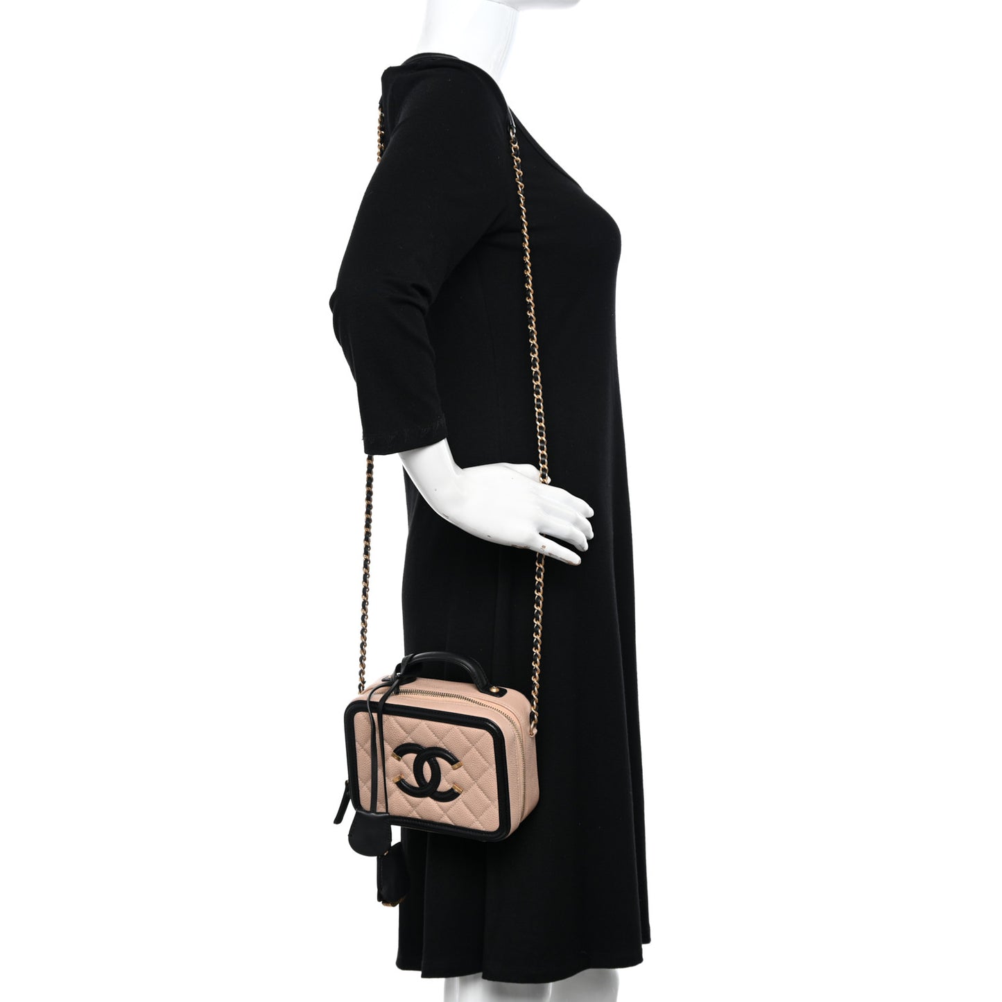 Caviar Quilted Small CC Filigree Vanity Case Beige Black