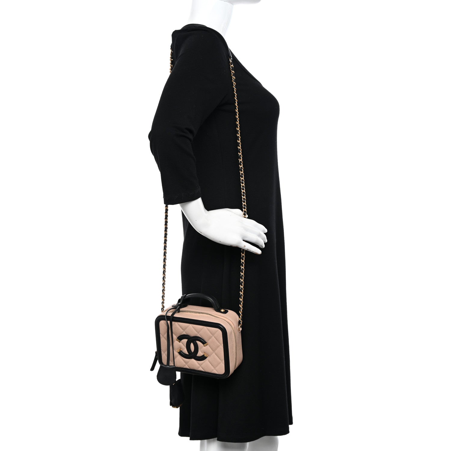 Chanel Caviar Quilted Small CC Filigree Vanity Case Beige Black 2 of 13