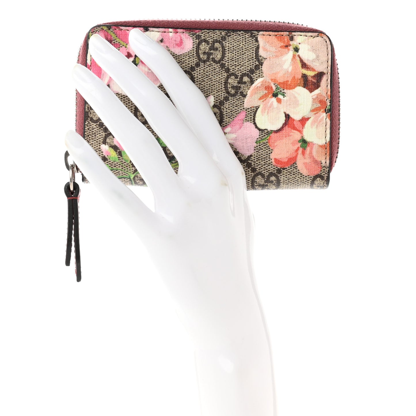 GG Supreme Monogram Blooms Zip Around Card Case Wallet Beige Multicolor Dry Rose