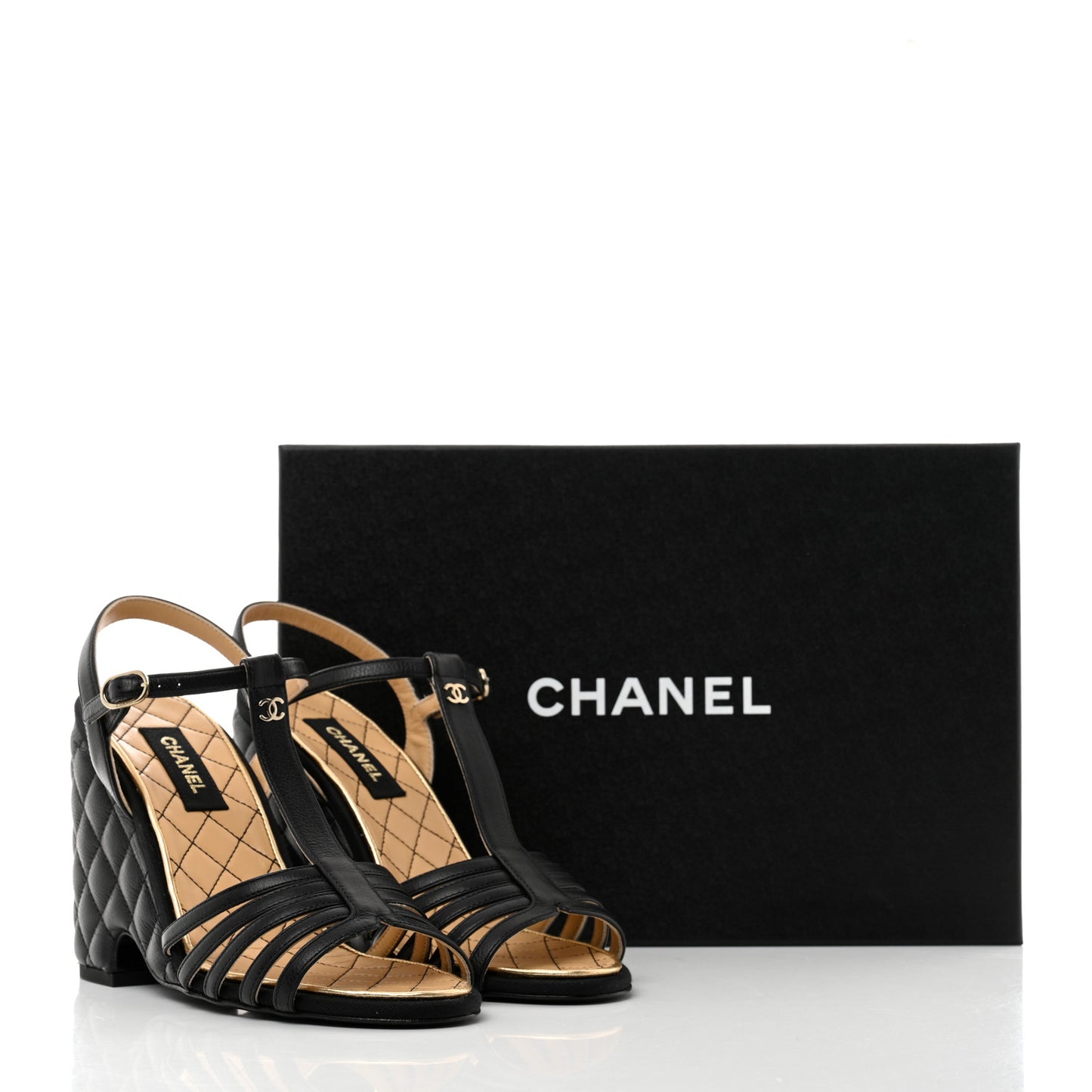 Grained Calfskin Quilted Wedge Sandals 37.5 Black