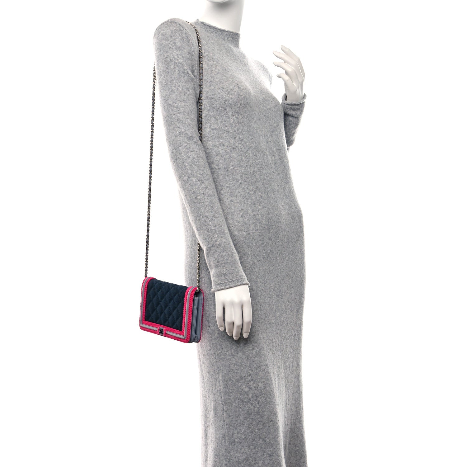 Chanel Canvas Quilted Fluo Boy Wallet On Chain WOC Dark Navy Fuchsia Grey 3 of 9
