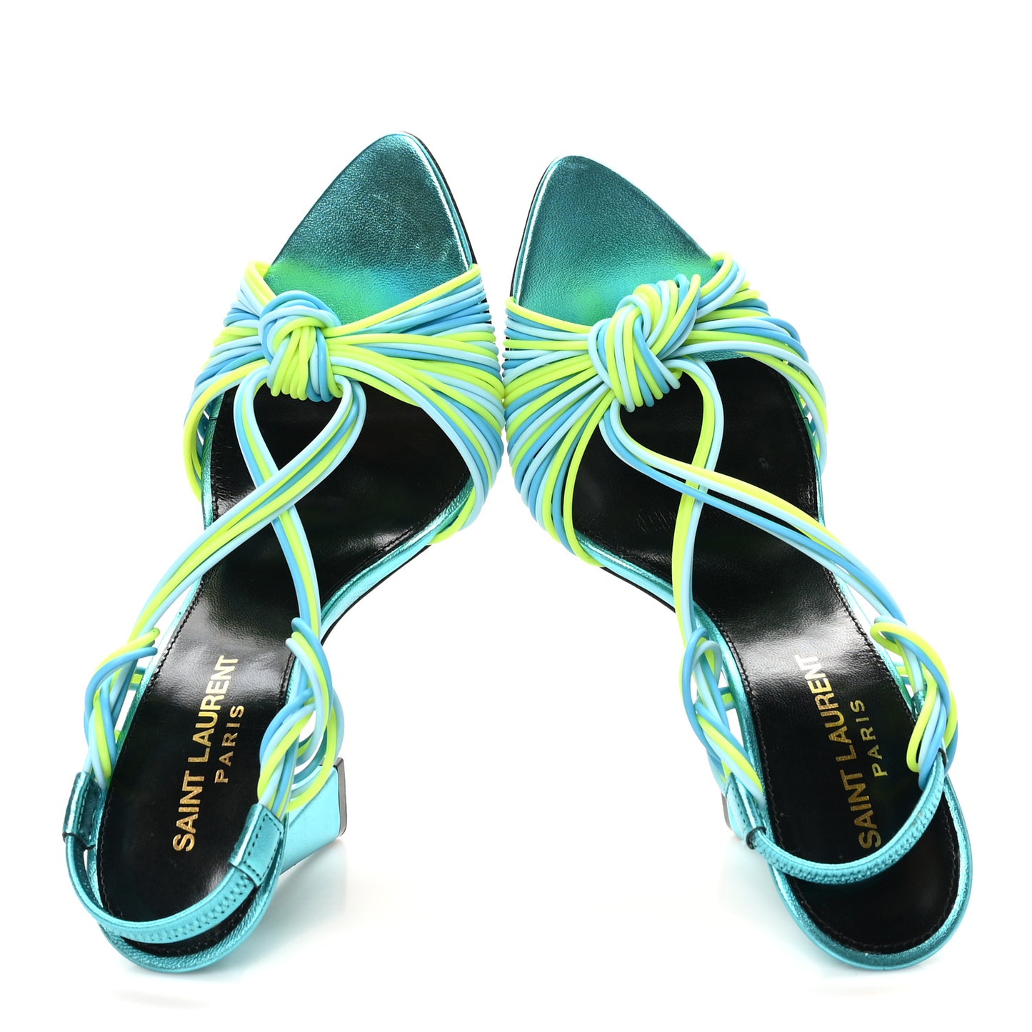 Metallic Calfskin Gippy 105 Sandals 35.5 Cerulean Giallo Fluo
