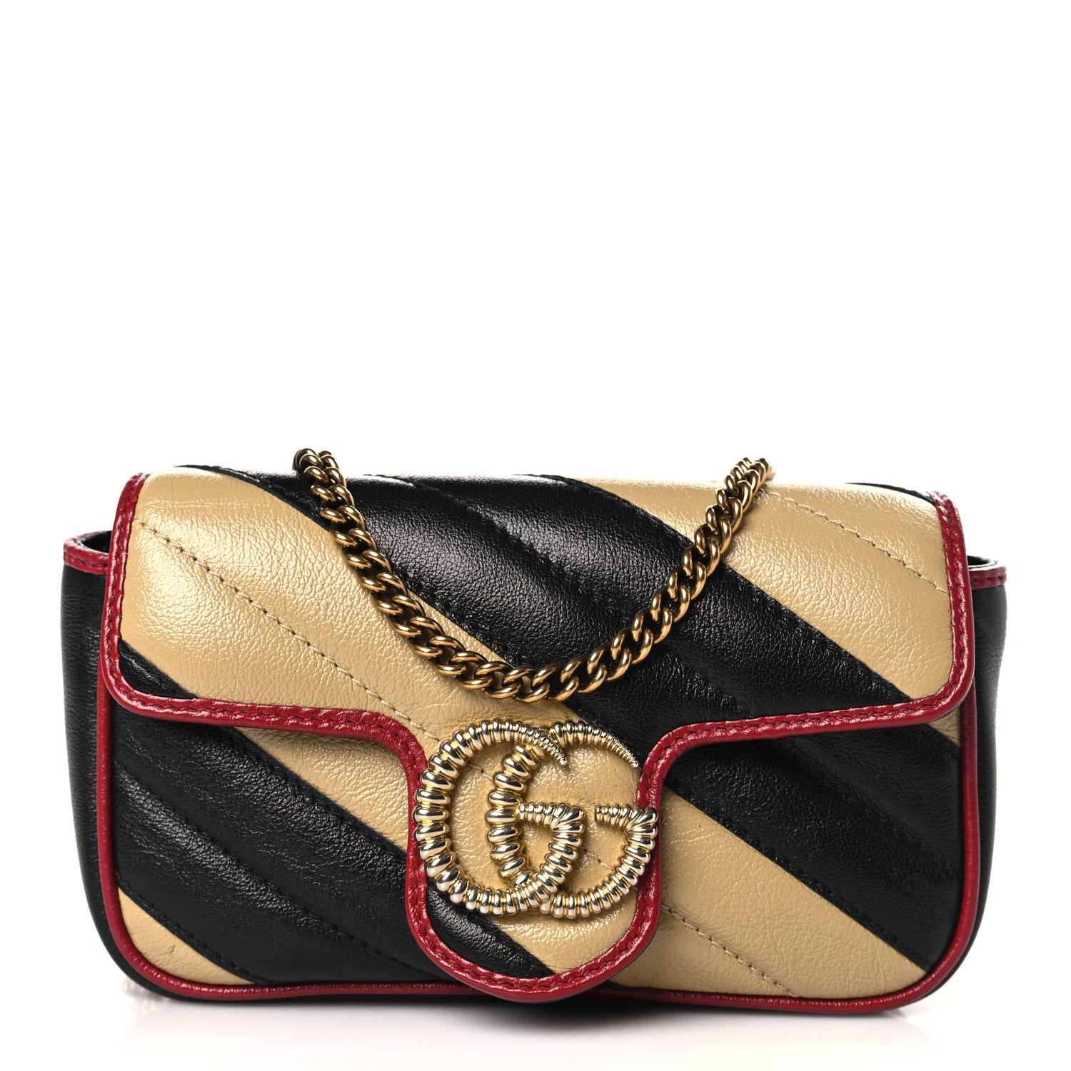 Gucci Vintage Effect Calfskin Matelasse Diagonal Striped Super Mini Torchon GG Marmont Shoulder Bag Black Beige 1 of 10