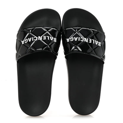 Balenciaga Patent Rubber Logo Womens Pool Slide Sandals 38 Black White 2 of 9