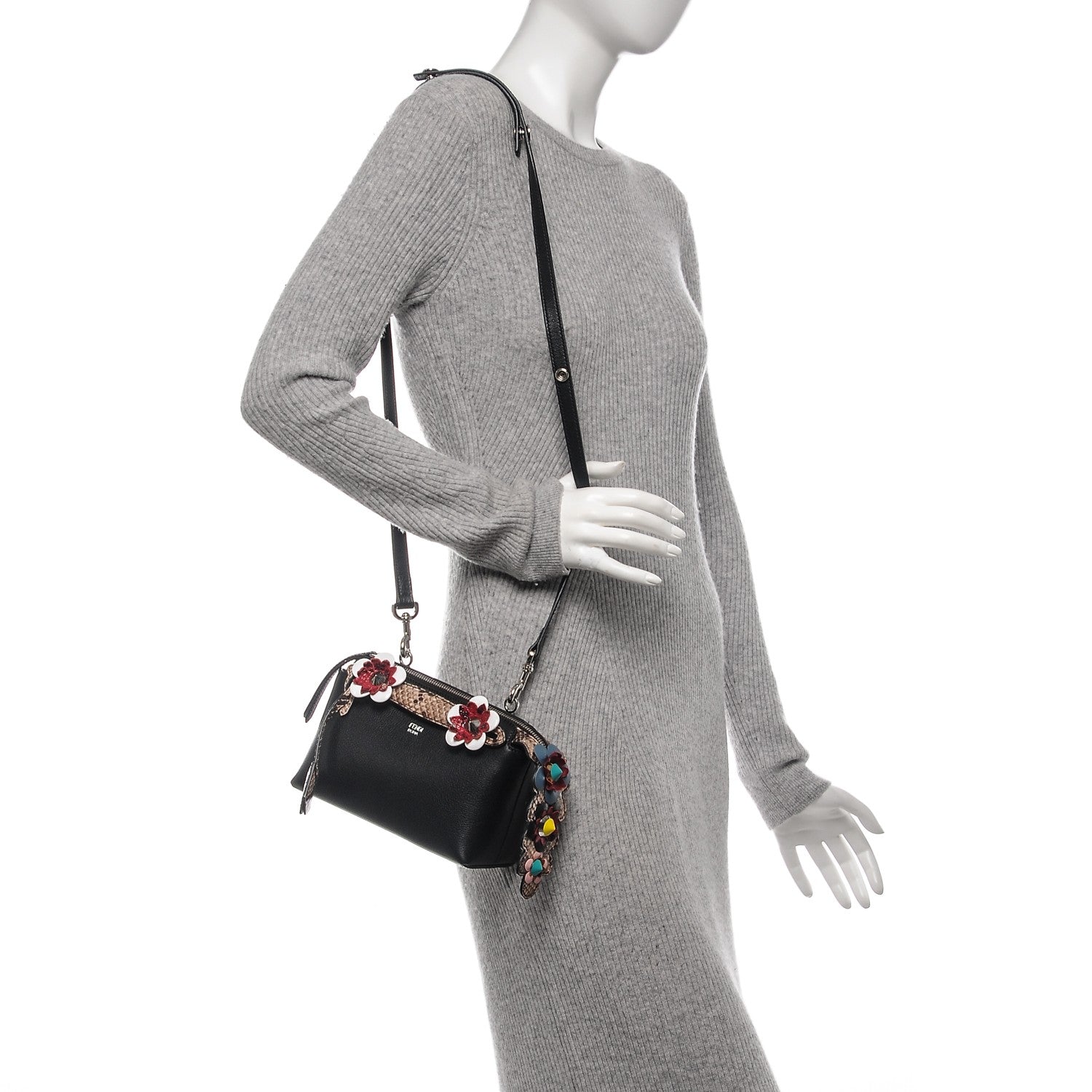 Fendi Vitello Dolce Snakeskin Nappa Croc Tail Flowerland Studded Mini By The Way Boston Bag Black Natural Multicolor 2 of 5