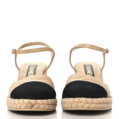 Chanel Lambskin Grosgrain CC Espadrilles Wedges 40 Beige Black 3 of 9