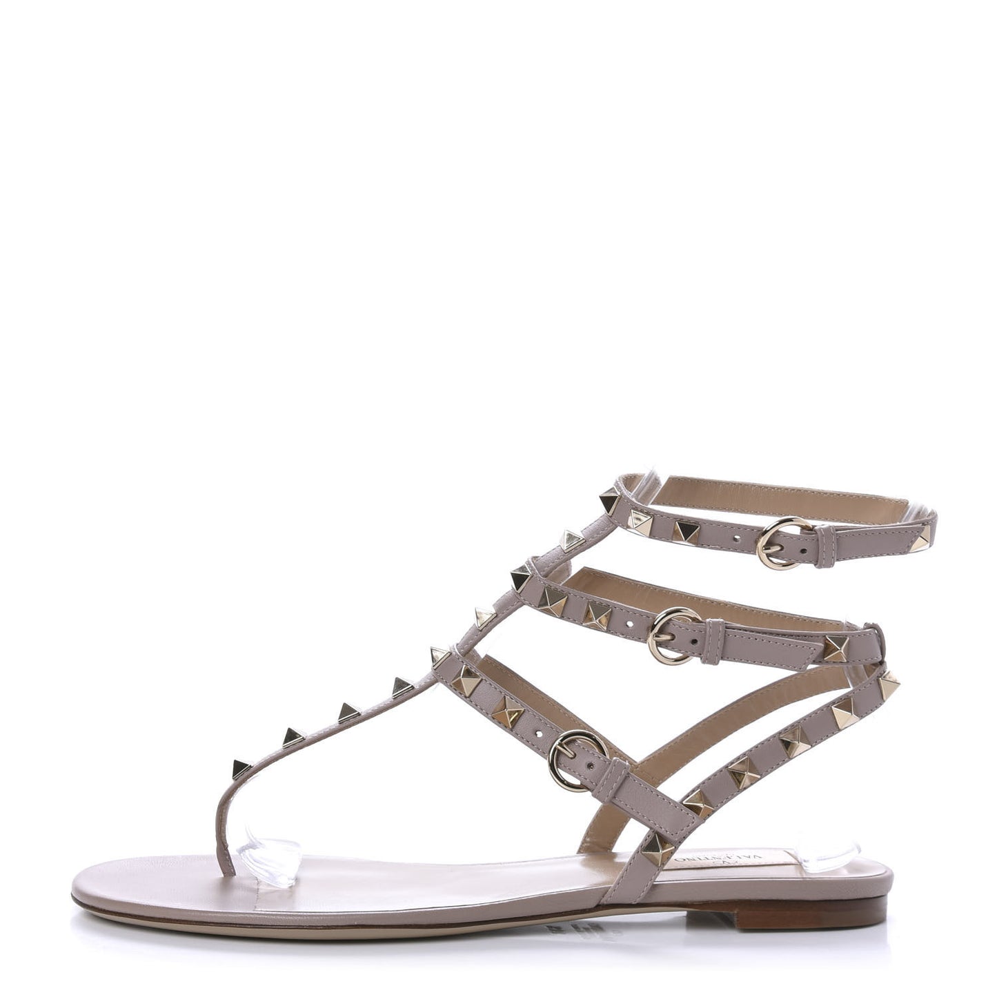 Calfskin Rockstud Ankle Wrap Flat Thong Sandals 39.5 Poudre