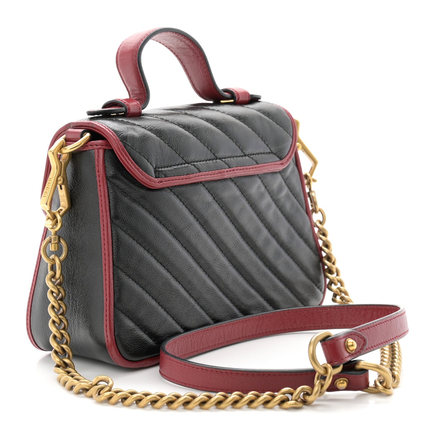 Gucci Vintage Effect Calfskin Matelasse Diagonal Mini Torchon GG Marmont Top Handle Shoulder Bag Black Romantic Cherry 3 of 11