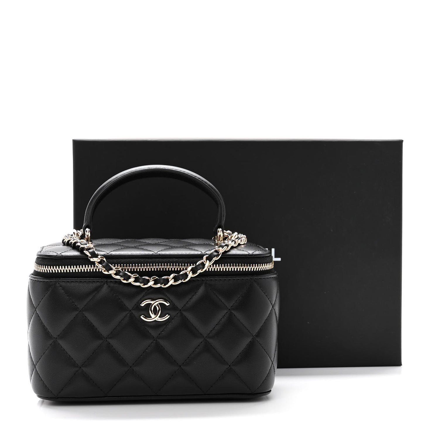 Lambskin Quilted Small Top Handle Vanity Case With Chain Black