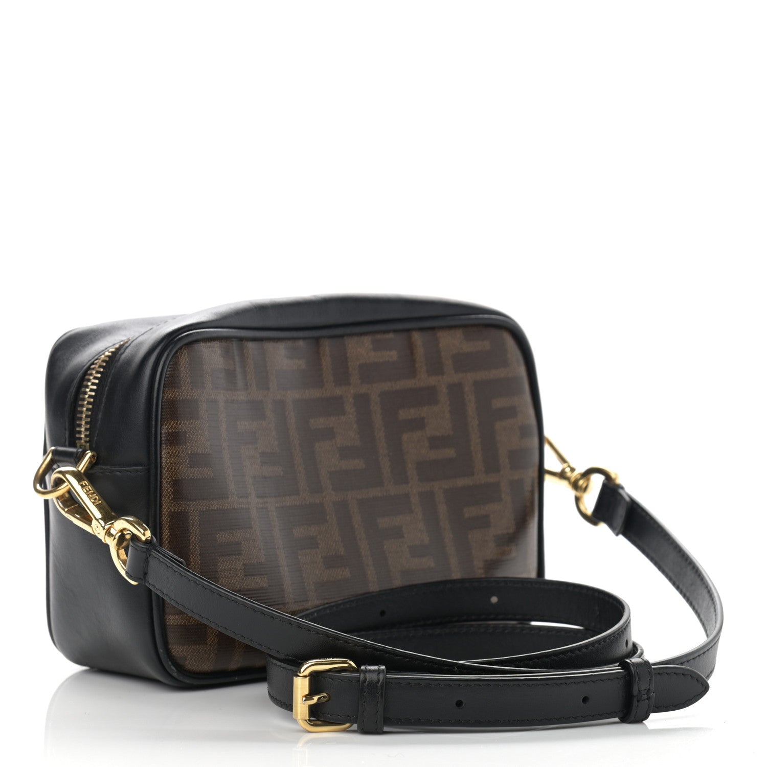 Fendi Glazed Fabric Vitello Century FF 1974 Stamp Patch Mini Camera Case Mogano Panna Black 3 of 11