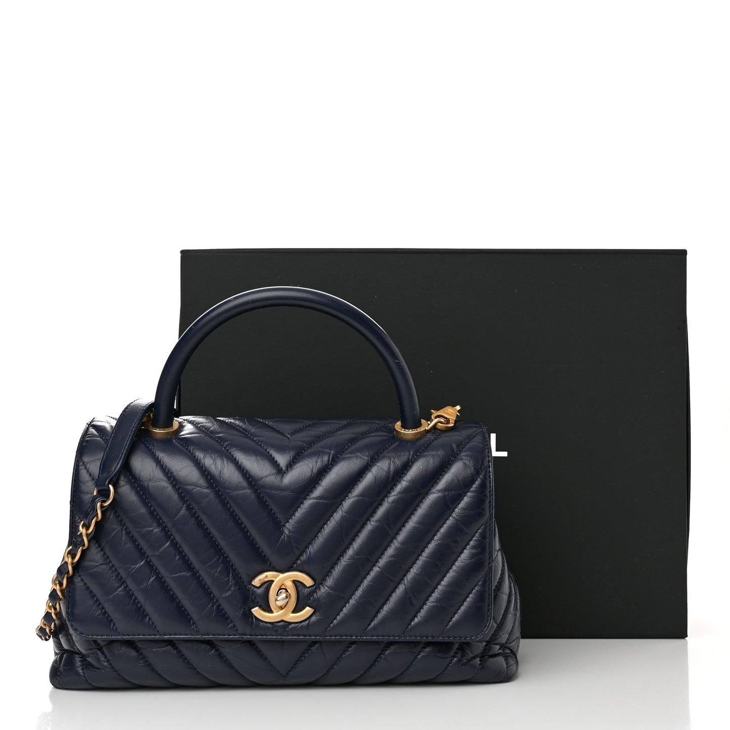 Aged Calfskin Chevron Quilted Small Coco Handle Flap Navy