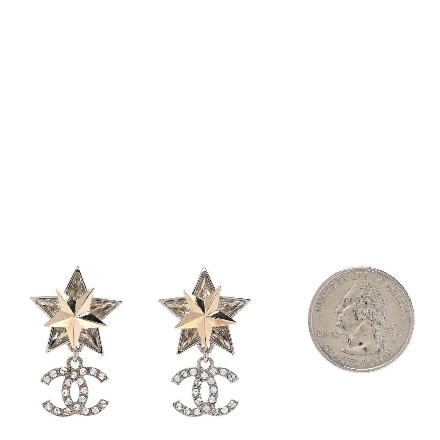 Chanel Crystal CC Star Drop Earrings Silver Gold 2 of 5