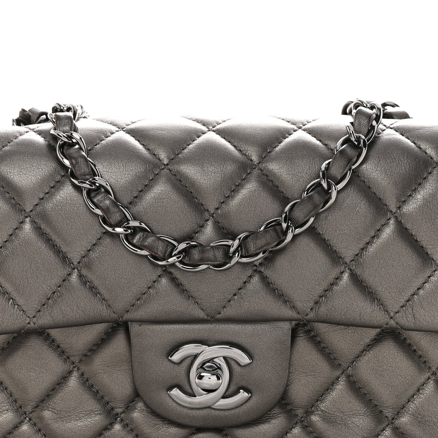 Metallic Lambskin Quilted Mini Rectangular Flap Ruthenium