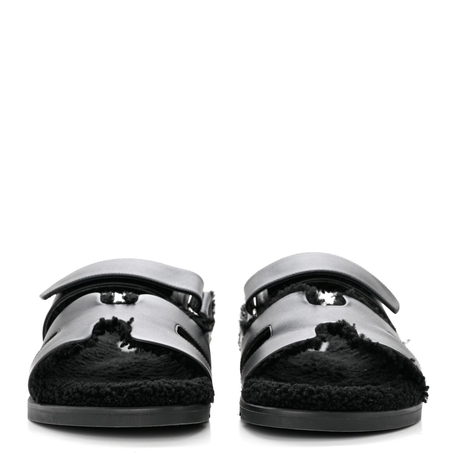 Hermes Calfskin Woolskin Mens Chypre Sandals 43 Black 2 of 8