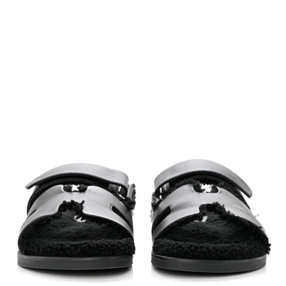 Hermes Calfskin Woolskin Mens Chypre Sandals 43 Black 2 of 8