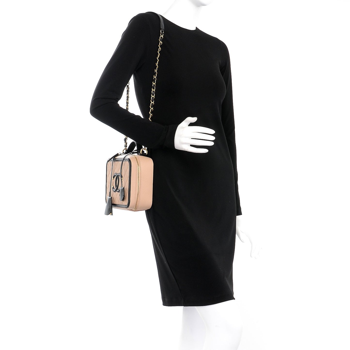 Caviar Quilted Medium CC Filigree Vanity Case Beige Black
