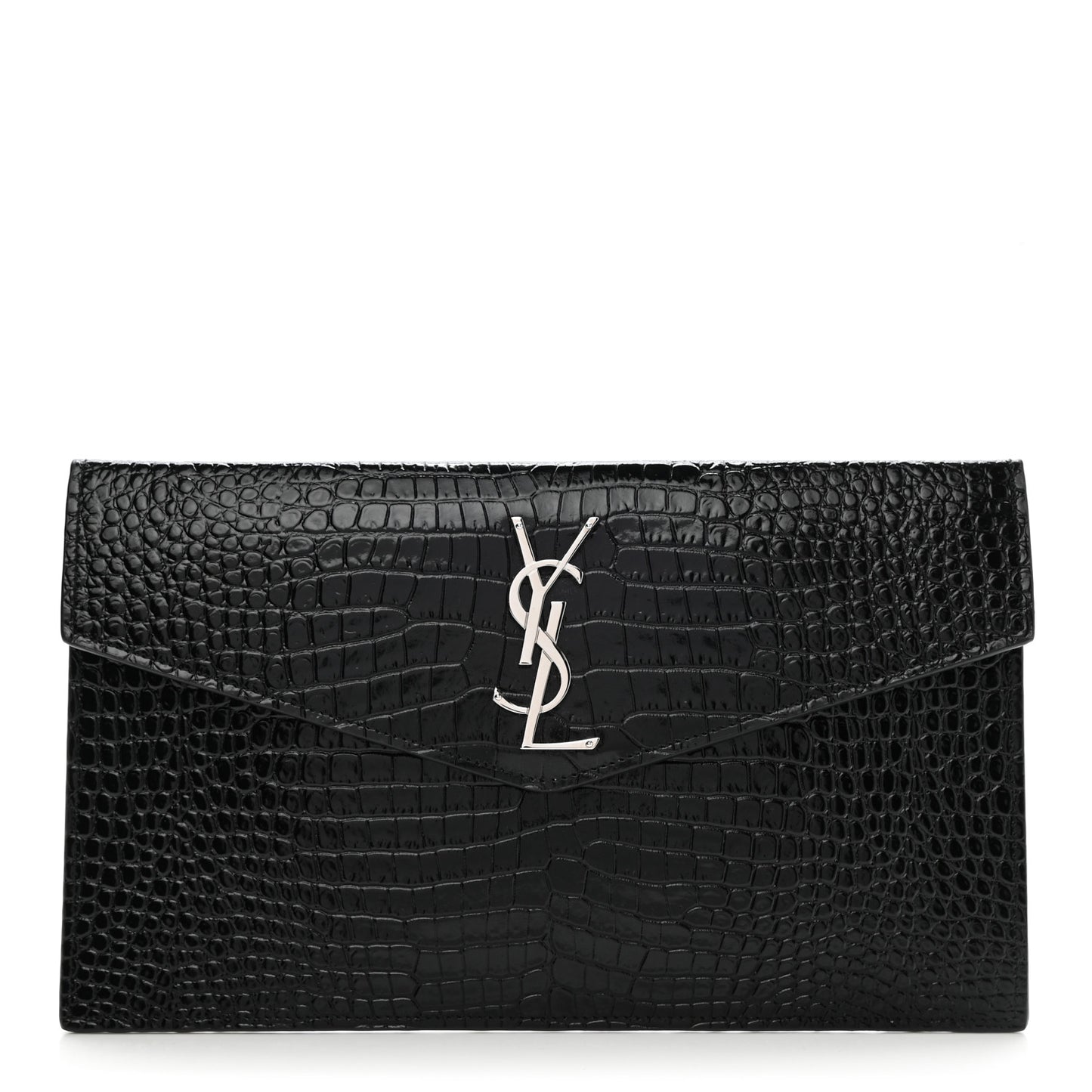 Calfskin Crocodile Embossed Uptown Monogram Clutch Black
