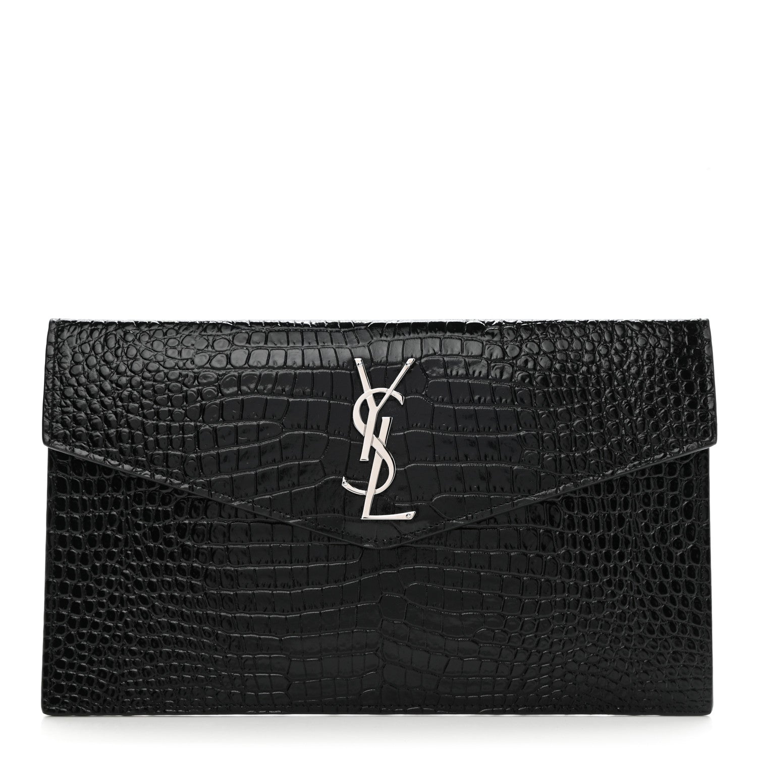 Saint Laurent Calfskin Crocodile Embossed Uptown Monogram Clutch Black 1 of 7