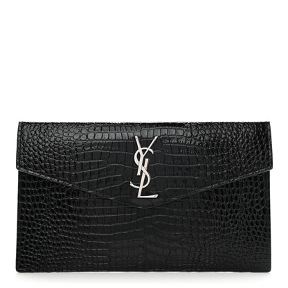 Saint Laurent Calfskin Crocodile Embossed Uptown Monogram Clutch Black 1 of 7