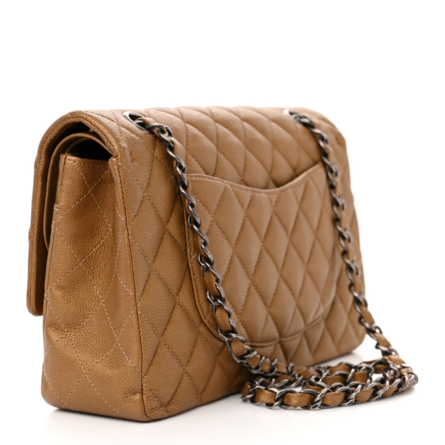 Metallic Calfskin Quilted Medium Double Flap Dark Gold