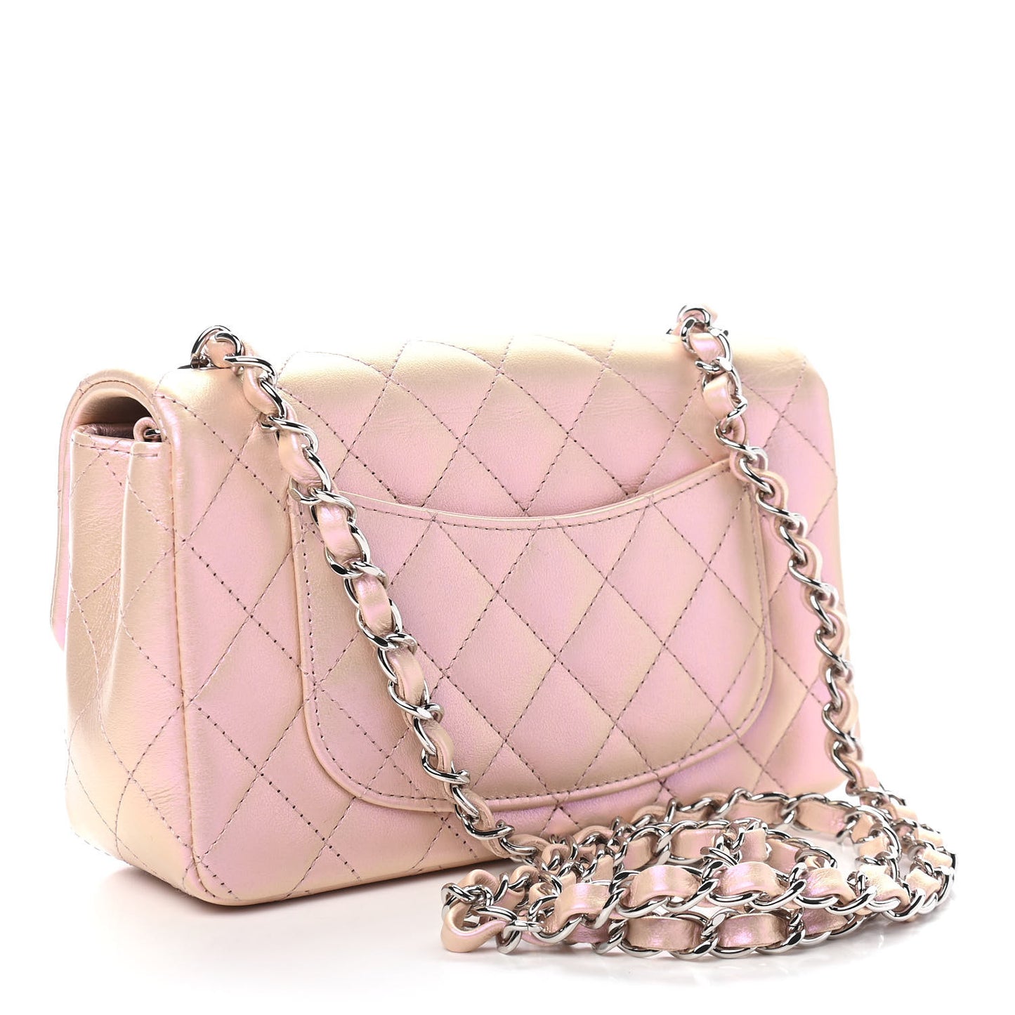Iridescent Calfskin Quilted Mini Rectangular Flap Pink